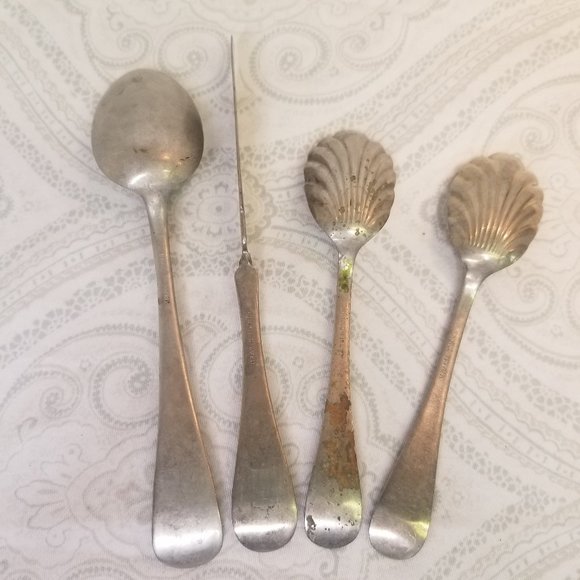 Antique Monogrammed M H Initial Brazil Silver Twisted Butter Knife Sugar Spoons - Picture 9 of 12